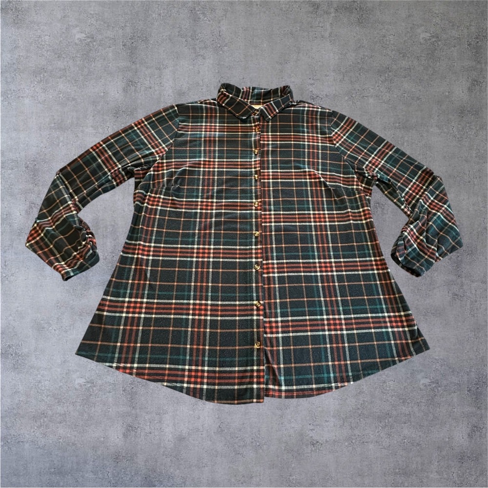 Bobbie Brooks Plaid Blouse Womens 2X Multi Color Ruched 3/4 Sleeve Tunic Top